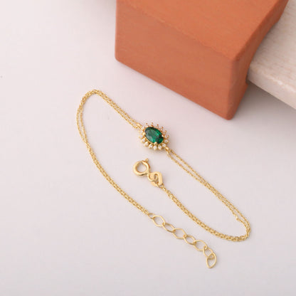 Emerald Oval Bracelet 8K/10K/14K Solid Gold Surrounded by Real Diamonds, May Birthstone Gift