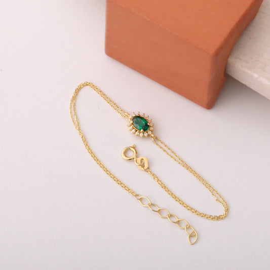 Emerald Oval Bracelet 8K/10K/14K Solid Gold Surrounded by Real Diamonds, May Birthstone Gift
