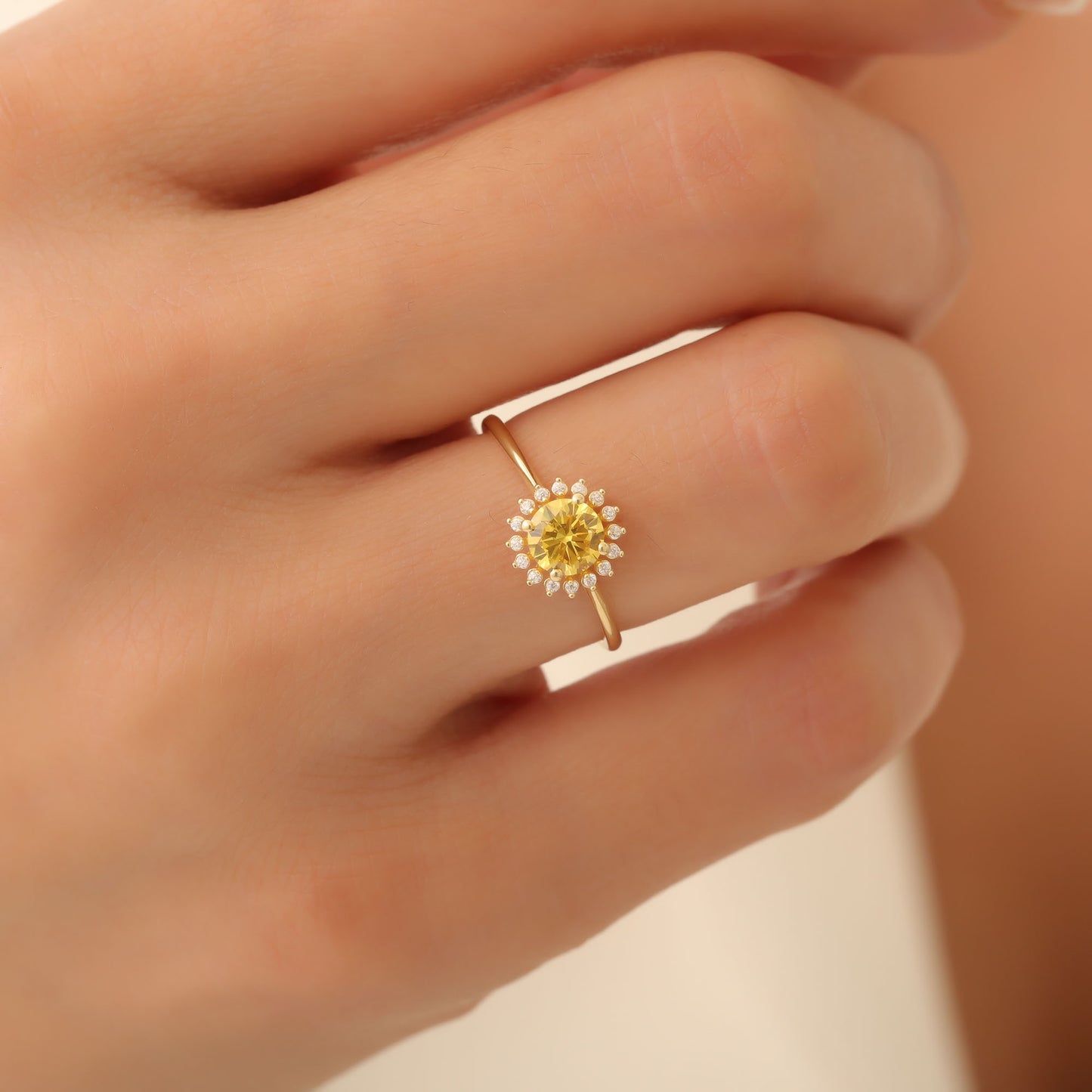 Yellow Topaz Ring in Round 8K/10K/14K Solid Gold Shape Surrounded by Real Diamonds