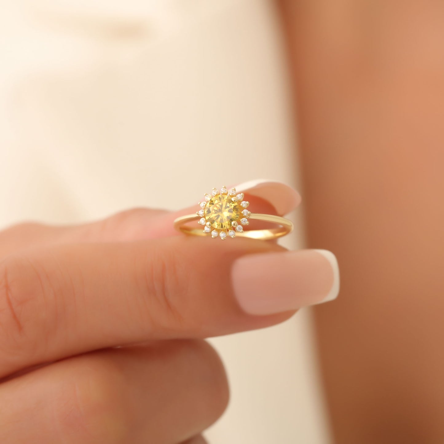 Yellow Topaz Ring in Round 8K/10K/14K Solid Gold Shape Surrounded by Real Diamonds