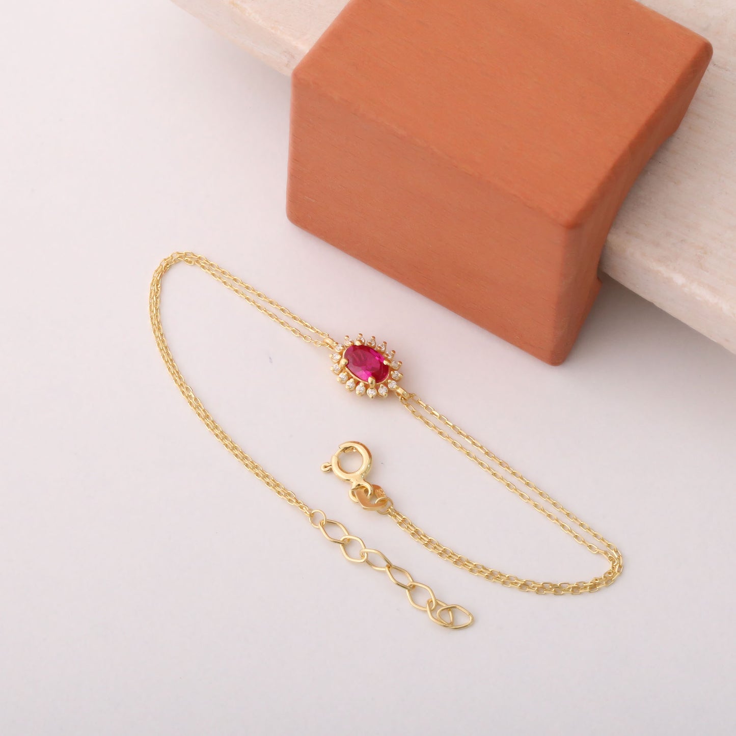 Ruby Oval Bracelet 8K/10K/14K Solid Gold Surrounded by Real Diamonds, July Birthstone Gift