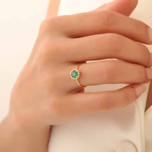 Emerald Ring in Round 8K/10K/14K Solid Gold Shape Surrounded by Real Diamonds, May Birthstone