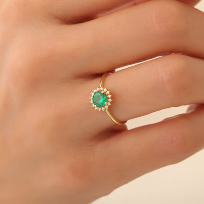 Emerald Ring in Round 8K/10K/14K Solid Gold Shape Surrounded by Real Diamonds, May Birthstone