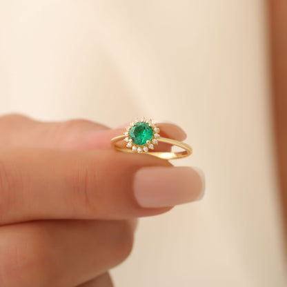 Emerald Ring in Round 8K/10K/14K Solid Gold Shape Surrounded by Real Diamonds, May Birthstone