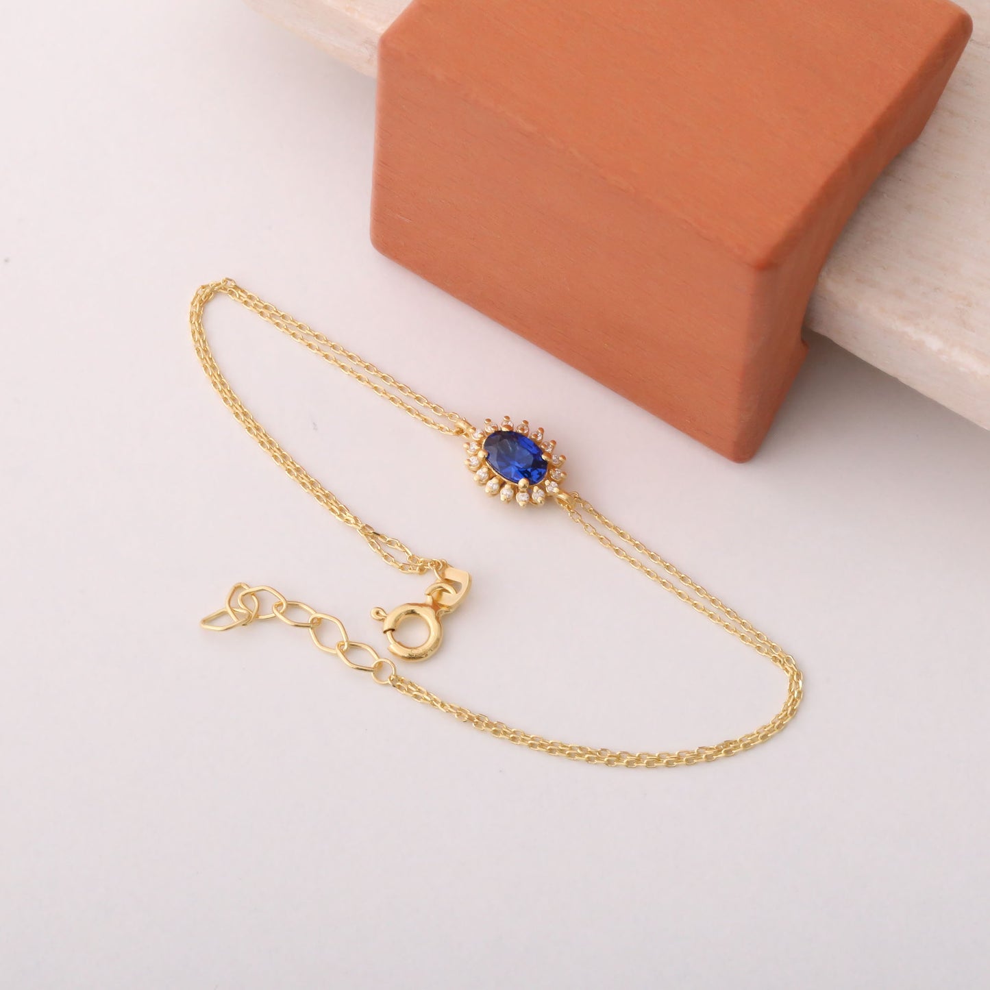 Sapphire Oval Bracelet 8K/10K/14K Solid Gold Surrounded by Real Diamonds, September Birthstone Gift