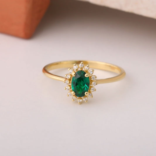 Emerald Oval Ring 8K/10K/14K Solid Gold Surrounded by Real Diamonds, May Birthstone Gift
