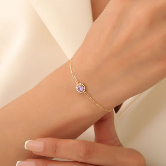 10K/14K Solid Gold Amethyst Bracelet in Round Shape Surrounded by Real Diamonds, February Birthstone Jewelry