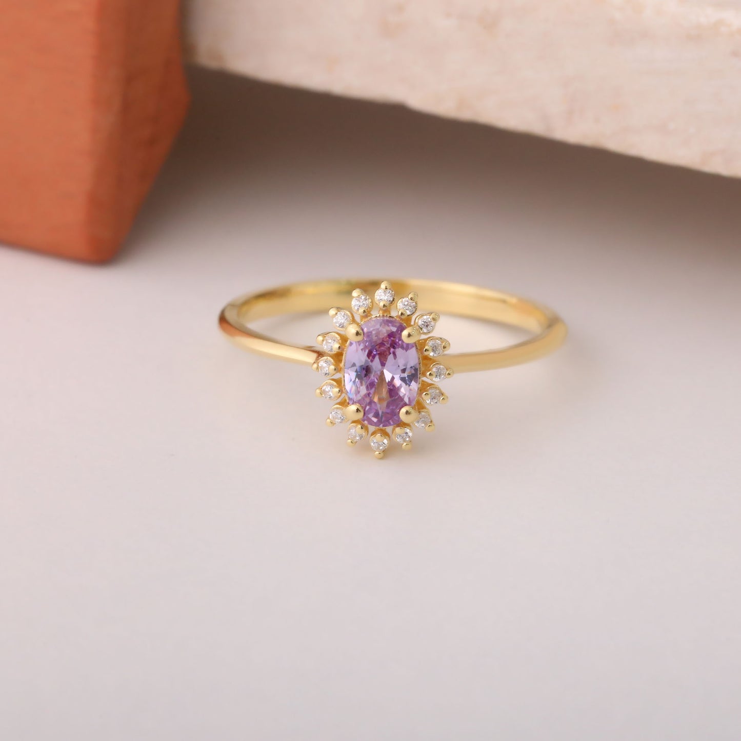 Alexandrite Oval Ring 8K/10K/14K Solid Gold Surrounded by Real Diamonds, June Birthstone Gift