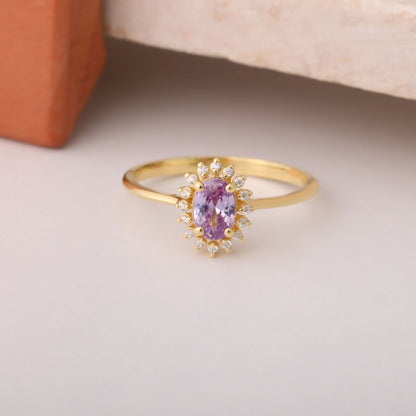 Alexandrite Oval Ring 8K/10K/14K Solid Gold Surrounded by Real Diamonds, June Birthstone Gift