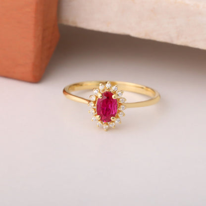 Ruby Oval Ring 8K/10K/14K Solid Gold Surrounded by Real Diamonds, July Birthstone Gift