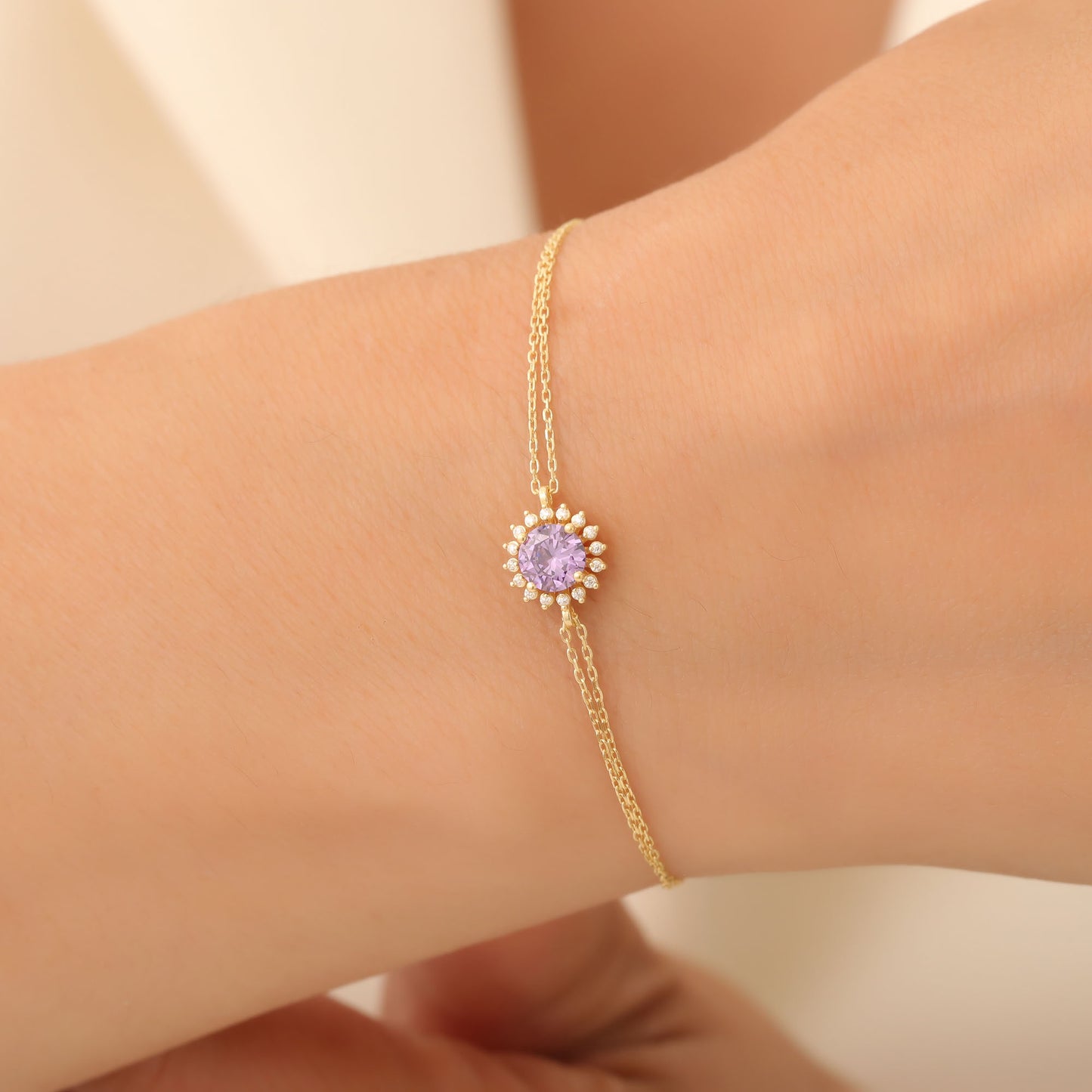 10K/14K Solid Gold Amethyst Bracelet in Round Shape Surrounded by Real Diamonds, February Birthstone Jewelry