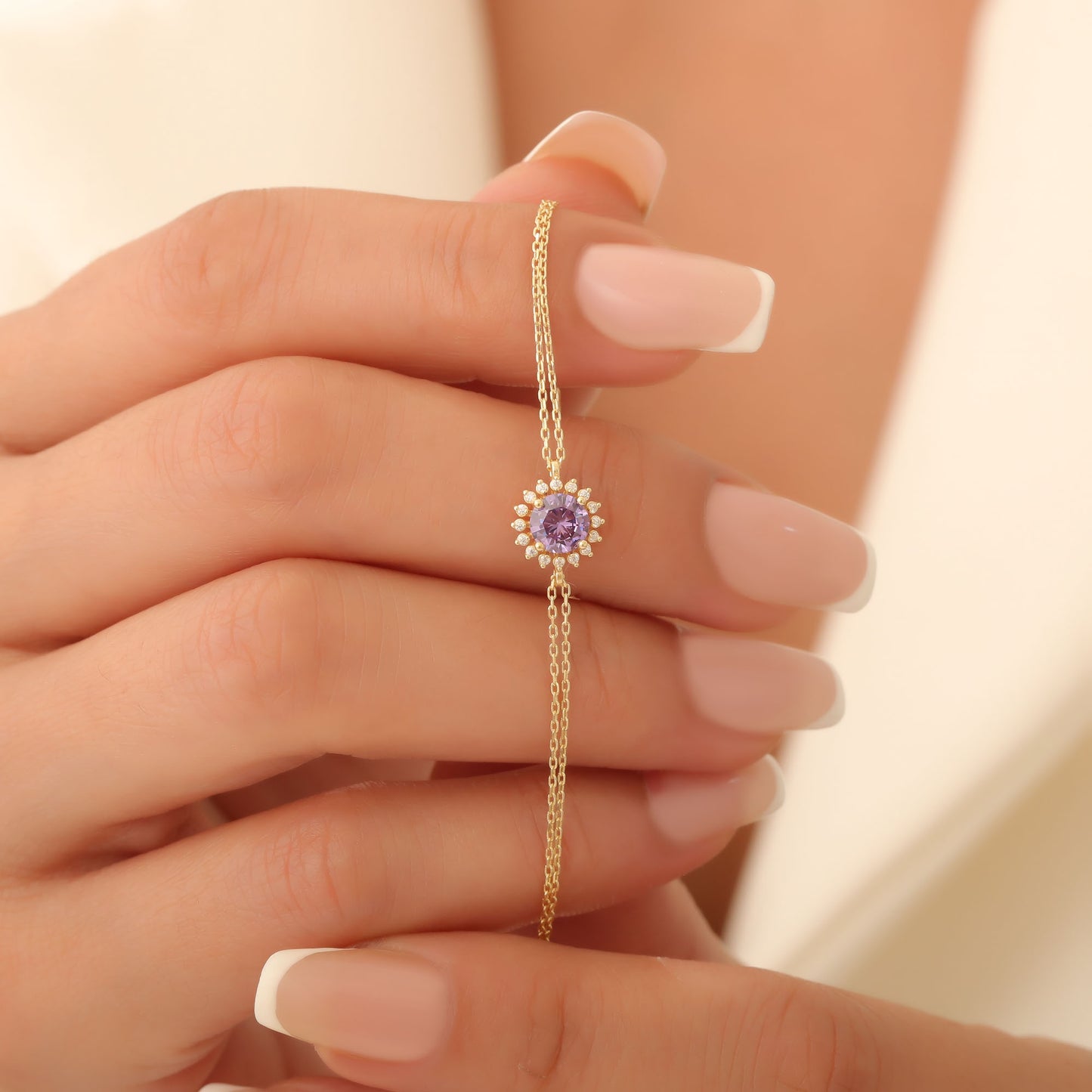 10K/14K Solid Gold Amethyst Bracelet in Round Shape Surrounded by Real Diamonds, February Birthstone Jewelry
