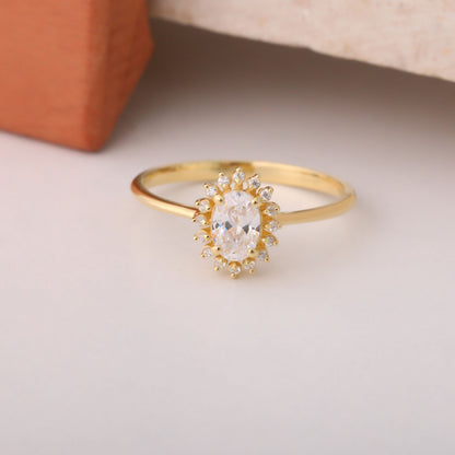 White Topaz Oval Ring 8K/10K/14K Solid Gold Surrounded by Real Diamonds, April Birthstone Gift