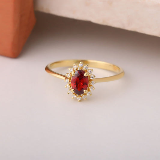 Garnet Oval Ring 8K/10K/14K Solid Gold Surrounded by Real Diamonds, January Birthstone Gift