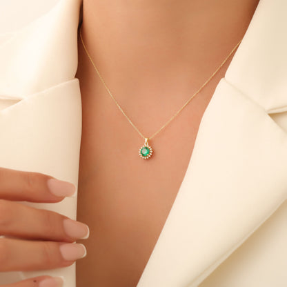 10K/14K Solid Gold Emerald Necklace in Round Shape Surrounded by Real Diamonds, May Birthstone Jewelry