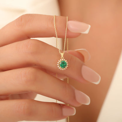 10K/14K Solid Gold Emerald Necklace in Round Shape Surrounded by Real Diamonds, May Birthstone Jewelry