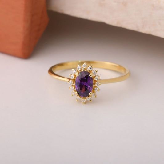 Amethyst Oval Ring 8K/10K/14K Solid Gold Surrounded by Real Diamonds, February Birthstone Gift