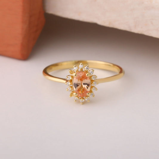 Citrine Oval Ring 8K/10K/14K Solid Gold Surrounded by Real Diamonds, November Birthstone Gift