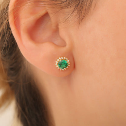 10K/14K Solid Gold Emerald Stud Earrings in Round Shape Surrounded by Real Diamonds, May Birthstone Jewelry