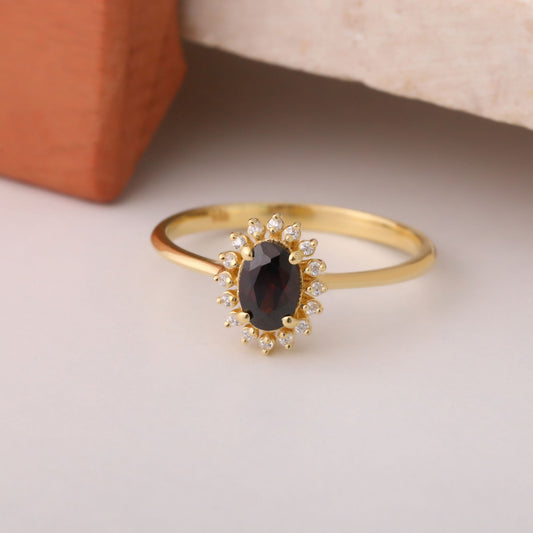 Smoky Quartz Oval Ring 8K/10K/14K Solid Gold Surrounded by Real Diamonds