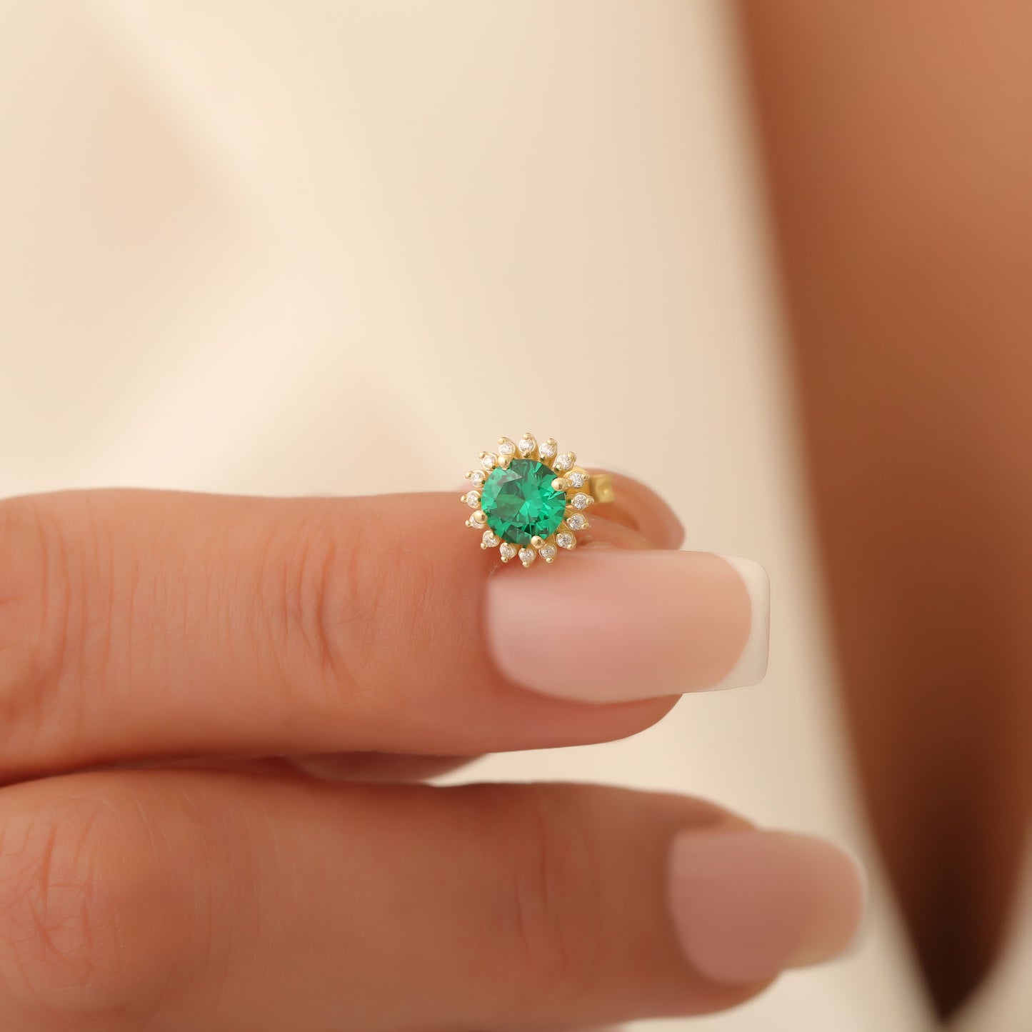 10K/14K Solid Gold Emerald Stud Earrings in Round Shape Surrounded by Real Diamonds, May Birthstone Jewelry