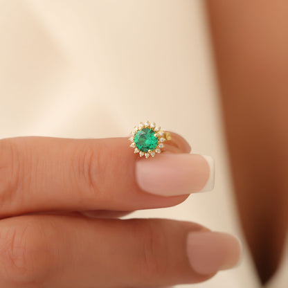 10K/14K Solid Gold Emerald Stud Earrings in Round Shape Surrounded by Real Diamonds, May Birthstone Jewelry