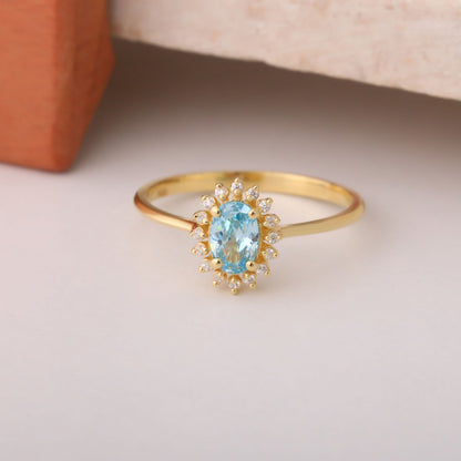 Aquamarine Oval Ring 8K/10K/14K Solid Gold Surrounded by Real Diamonds, March Birthstone Gift