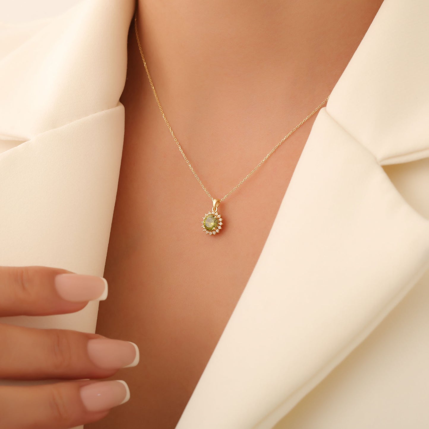 10K/14K Solid Gold Peridot Necklace in Round Shape Surrounded by Real Diamonds, August Birthstone Jewelry