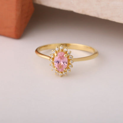 Pink Tourmaline Oval Ring 8K/10K/14K Solid Gold Surrounded by Real Diamonds, October Birthstone Gift