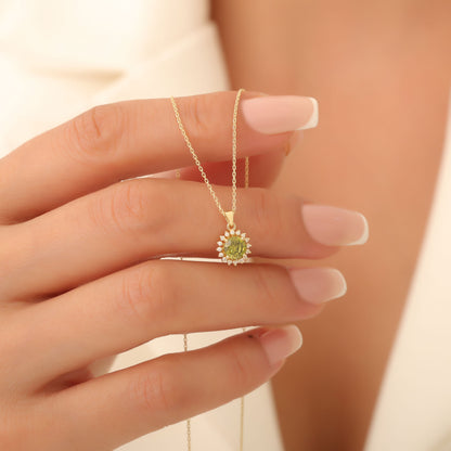 10K/14K Solid Gold Peridot Necklace in Round Shape Surrounded by Real Diamonds, August Birthstone Jewelry