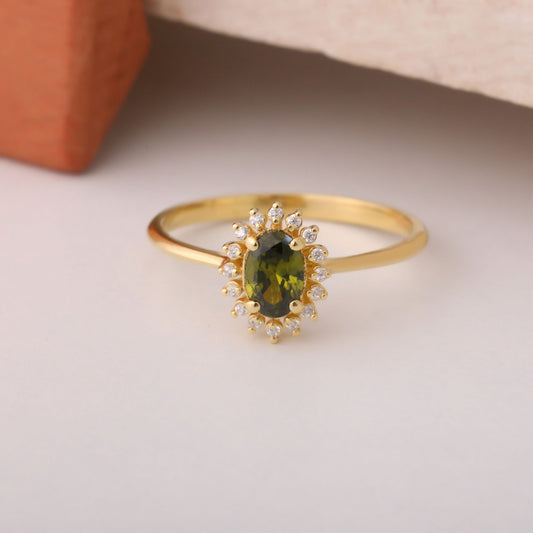 Peridot Oval Ring 8K/10K/14K Solid Gold Surrounded by Real Diamonds, August Birthstone Gift