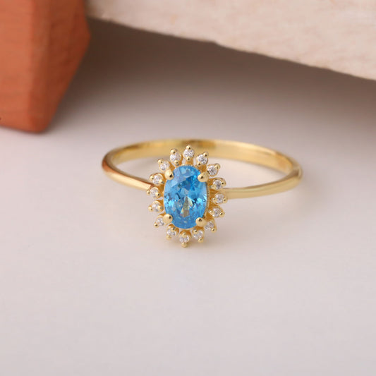 Blue Topaz Oval Ring 8K/10K/14K Solid Gold Surrounded by Real Diamonds, December Birthstone Gift