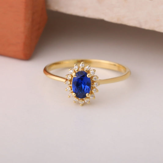 Sapphire Oval Ring 8K/10K/14K Solid Gold Surrounded by Real Diamonds, September Birthstone Gift