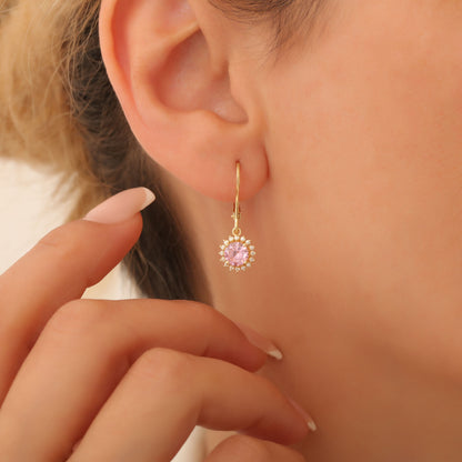 8K/10K/14K Solid Gold Pink Tourmaline Dangle Earrings in Round Shape Surrounded by Real Diamonds, Gift for October