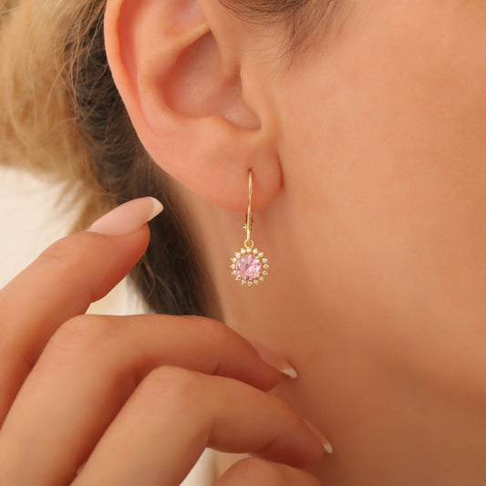 8K/10K/14K Solid Gold Pink Tourmaline Dangle Earrings in Round Shape Surrounded by Real Diamonds, Gift for October