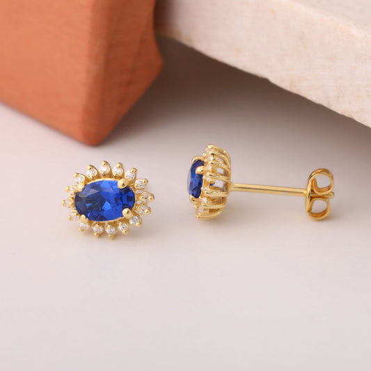 Oval Cut Sapphire Stud Earring Surrounded by Real Diamonds, 10K/14K Solid Gold, September Birthstone