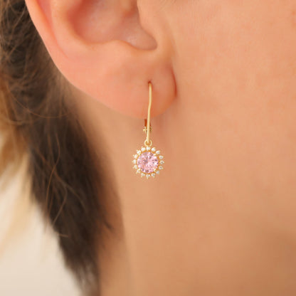 8K/10K/14K Solid Gold Pink Tourmaline Dangle Earrings in Round Shape Surrounded by Real Diamonds, Gift for October