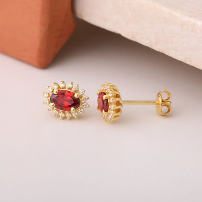 Oval Cut Garnet Stud Earring Surrounded by Real Diamonds, 10K/14K Solid Gold, January Birthstone