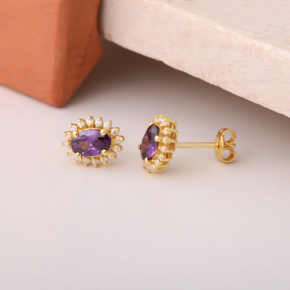 Oval Cut Amethyst Stud Earring Surrounded by Real Diamonds, 10K/14K Solid Gold, February Birthstone