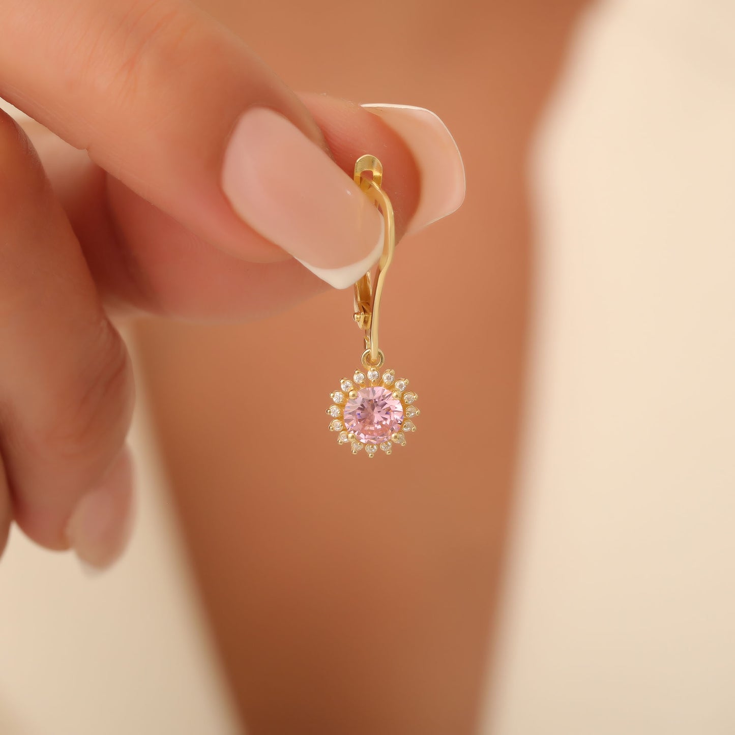 8K/10K/14K Solid Gold Pink Tourmaline Dangle Earrings in Round Shape Surrounded by Real Diamonds, Gift for October