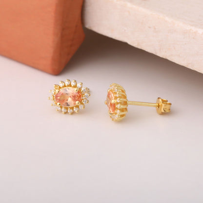 Oval Cut Citrine Stud Earring Surrounded by Real Diamonds, 10K/14K Solid Gold, November Birthstone