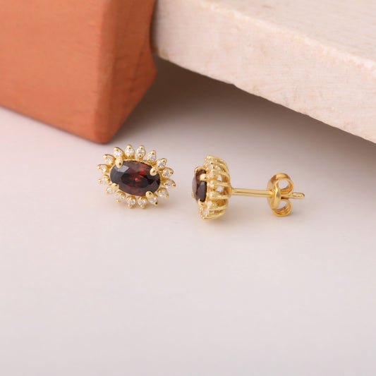 Oval Cut Smoky Quartz Stud Earring Surrounded by Real Diamonds, 10K/14K Solid Gold