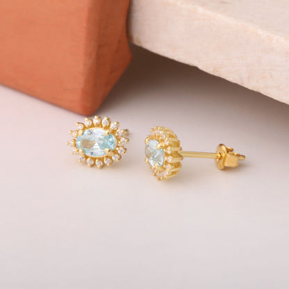 Oval Cut Aquamarine Stud Earring Surrounded by Real Diamonds, 10K/14K Solid Gold, March Birthstone