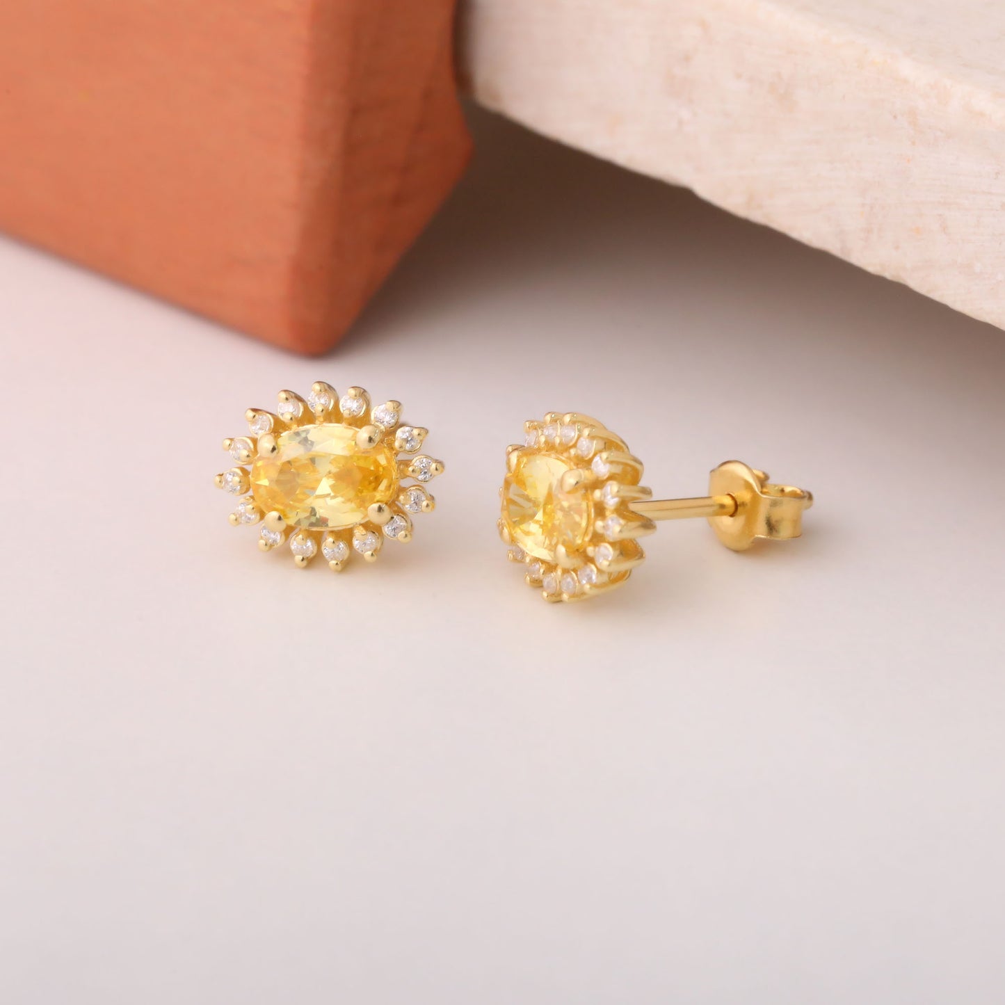 Oval Cut Yellow Topaz Stud Earring Surrounded by Real Diamonds, 10K/14K Solid Gold