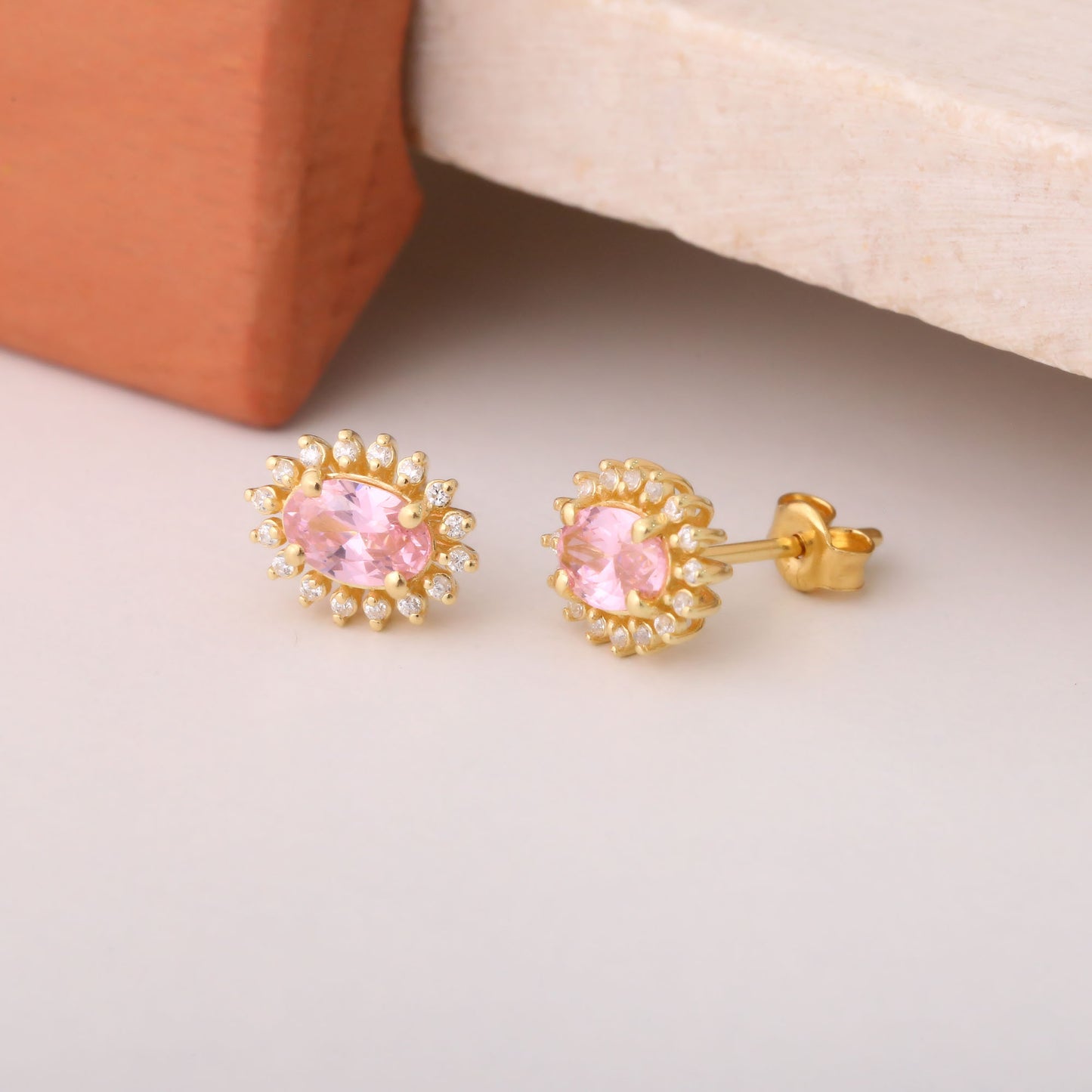 Oval Cut Pink Tourmaline Stud Earring Surrounded by Real Diamonds, 10K/14K Solid Gold, October Birthstone