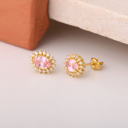 Oval Cut Pink Tourmaline Stud Earring Surrounded by Real Diamonds, 10K/14K Solid Gold, October Birthstone