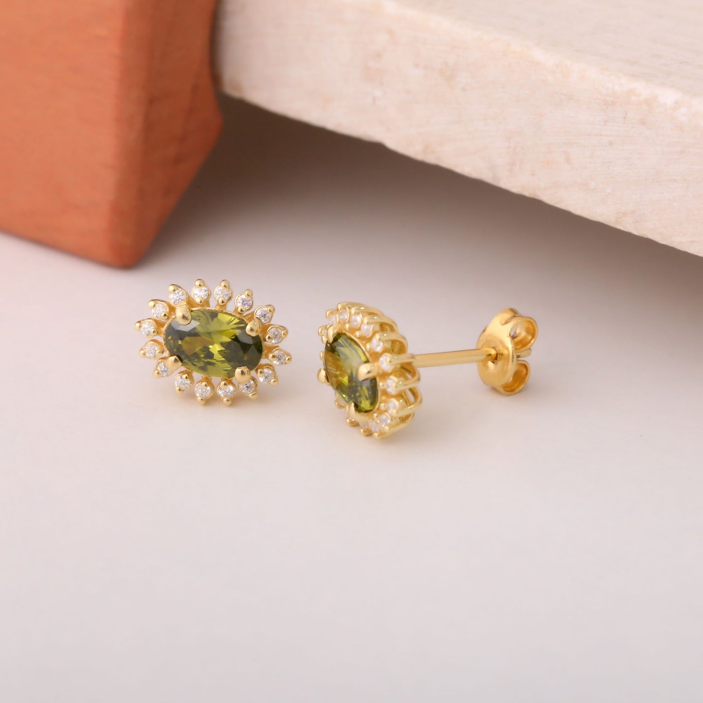 Oval Cut Peridot Stud Earring Surrounded by Real Diamonds, 10K/14K Solid Gold, August Birthstone