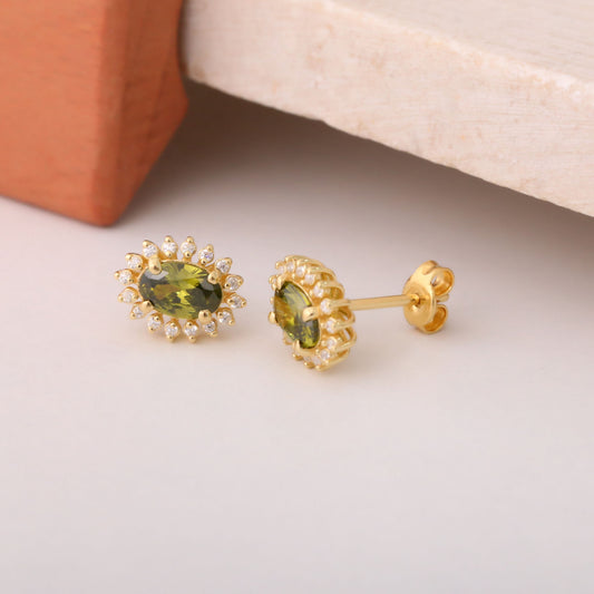 Oval Cut Peridot Stud Earring Surrounded by Real Diamonds, 10K/14K Solid Gold, August Birthstone