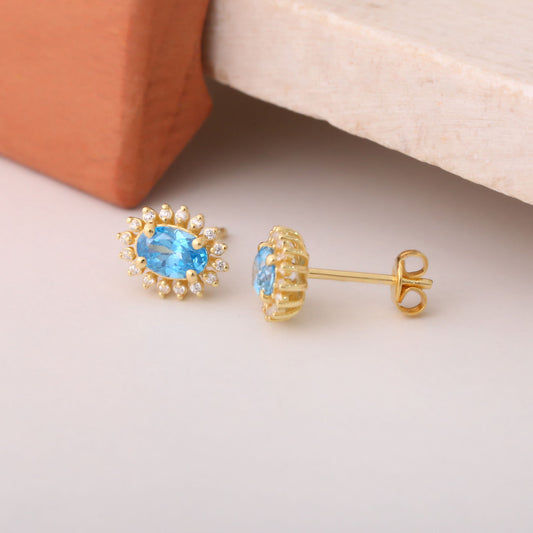 Oval Cut Blue Topaz Stud Earring Surrounded by Real Diamonds, 10K/14K Solid Gold, December Birthstone