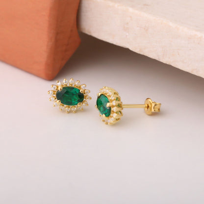 Oval Cut Emerald Stud Earring Surrounded by Real Diamonds, 10K/14K Solid Gold, May Birthstone